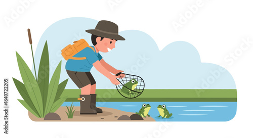 A young adventurer capturing frogs in a pond during an outdoor nature excursion