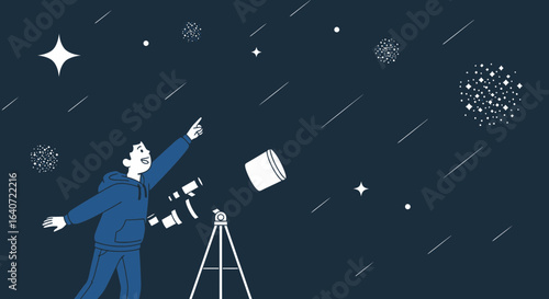 A young astronomer discovers the wonders of the universe using his telescope for stargazing adventure
