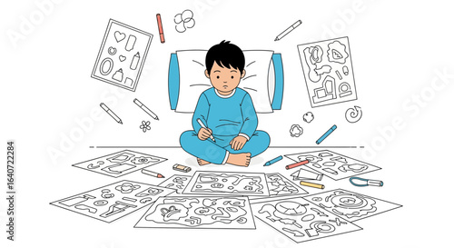 A young boy is sitting on the floor drawing and coloring surrounded by his artwork and supplies