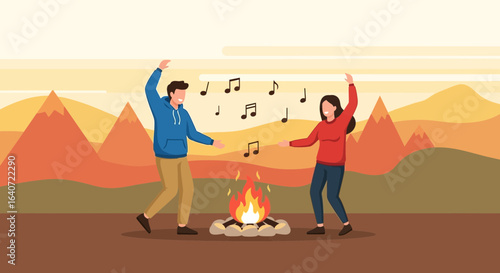 Animated illustration of a cheerful couple dancing around a campfire at sunset in the mountains, expressing joy and camaraderie