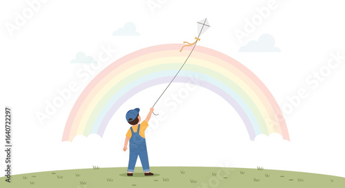 A young boy joyfully flies a kite under a vibrant rainbow in an idyllic outdoor setting