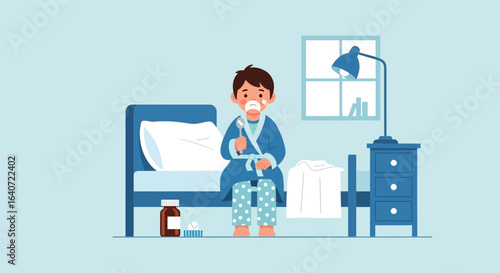 A young boy wearing a bathrobe is sitting on his bed taking medication
