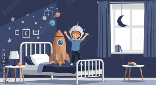 A young boy wearing an astronaut helmet stands on his bed next to a rocket toy in his room filled with celestial decorations