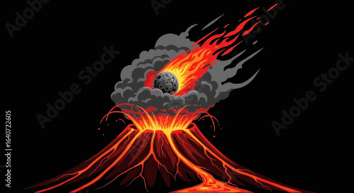 Apocalyptic scene: Meteor striking an erupting volcano with fiery lava flow illustration