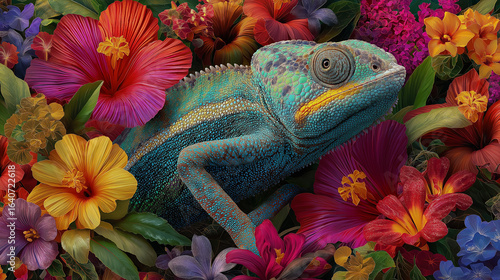 Funny Chameleon Flower Art A colorful lizard in tropical flowers beautiful animal portrait