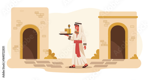Arabian hospitality depicted through a servant carrying a tray in a traditional village setting