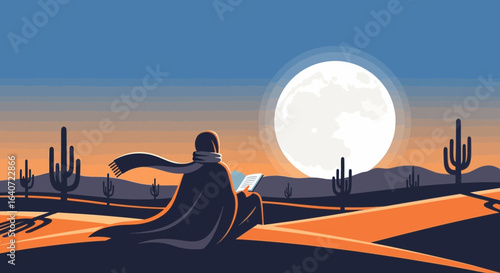Arabian nights illustration featuring a reader under moonlight in a desert landscape