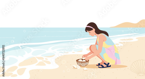 A young woman collecting seashells on a serene beach in a tranquil setting collecting shells