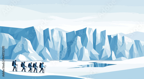 Arctic Adventure Team Exploring Glacier Landscape With Backpacks Winter Expedition