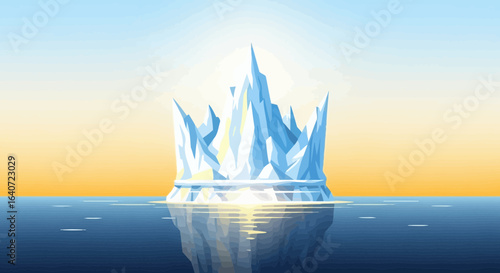 Abstract polygonal iceberg floating on water during warm sunset or sunrise