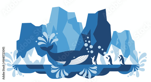 Arctic Adventure Whale And Penguins Against Icebergs In The Frozen Landscape