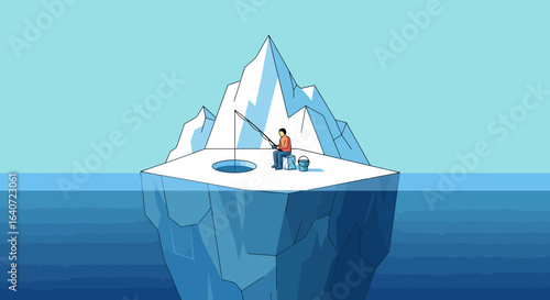 Arctic Angler Tranquility Man Fishing on Iceberg Surrounded by Cold Ocean Waters
