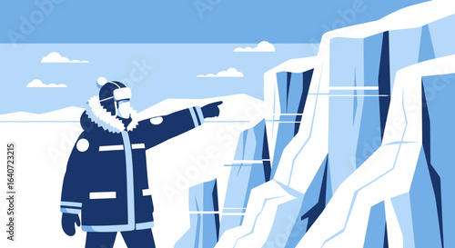 Arctic Explorer Points Towards Iceberg, Adventure in the Frozen Wilderness Concept