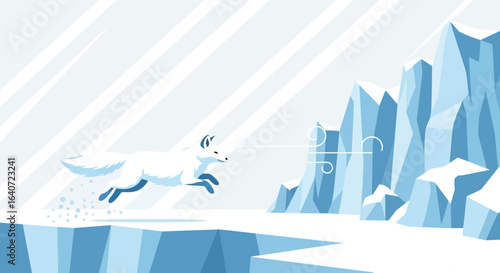 Arctic Fox Leaping Across Ice Floes During Winter In Cold Landscape