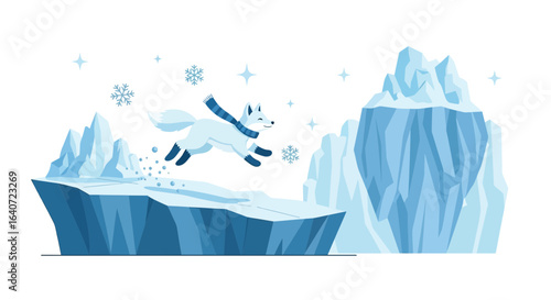 Arctic Fox Frolic Winter Wonderland Scene Illustration with Snowflakes and Iceberg
