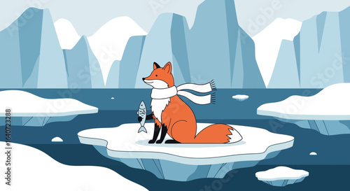 Arctic Fox Standing On Iceberg And Holding Fish During Climate Changes