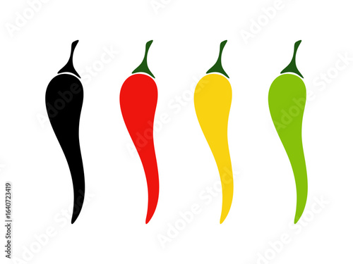 Chili pepper, a set of bright multicolored variants of hot peppers isolated on white, flat vector illustration. Decorative element for decoration, design, label. Collection of icons and logos