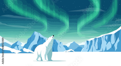 Arctic Scene With Polar Bear Gazing At The Northern Lights Illustration