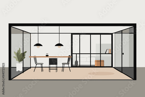 open concept living dining space light colors
