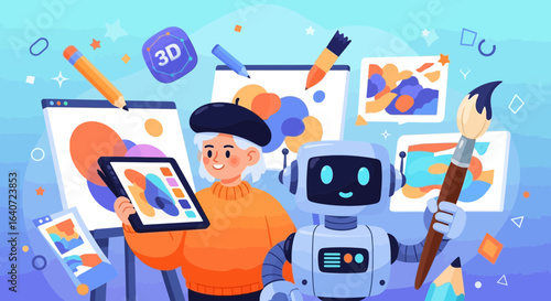 Artist Collaboration With Robot And Digital Tools Creating Artwork Graphic Design