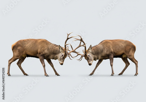 Two majestic red deer stags clashing antlers in a powerful display of dominance and rivalry during rutting season, isolated on a white background.