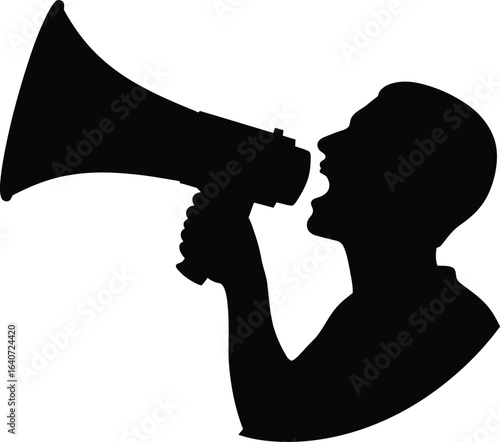 Silhouette of a Person Speaking or Shouting into a Megaphone