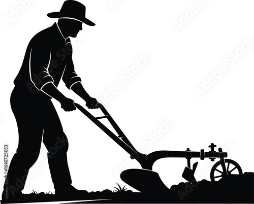 Farmer Silhouette Plowing the Field with a Vintage Plow