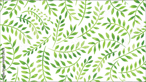 Watercolor pattern featuring many green leafy branches scattered across a white background design element