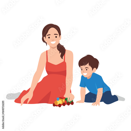 Mother and her young son enjoy quality time together, playing with aolorful toy train on the floor. Flat vector illustration isolated on white background