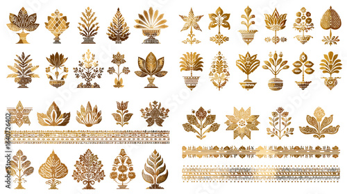 Luxurious golden ornamental floral patterns featuring stylized leaves and flowers, ideal for decorative borders, invitations, and elegant design projects.