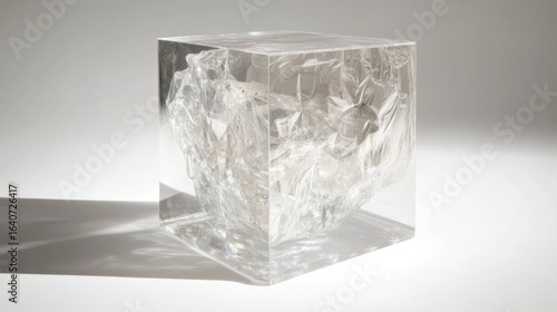A clear cube encapsulating a single, perfectly recycled item (e.g., a plastic pellet), museum display style.