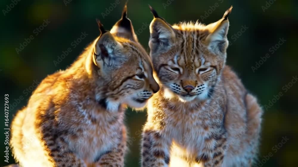 Adorable Lynx Kittens in the Wild - Two young Eurasian lynx kittens stand close together, their fur illuminated by warm sunlight. The blurred background suggests a natural woodland setting. Adorable Lynx Kittens in the Wild - Two young Eurasian lynx kittens stand close together, their fur illuminated by warm sunlight. The blurred background suggests a natural woodland setting.