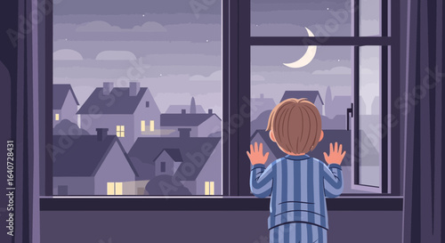 Boy In Pajamas Looking Out Window At Nightime Urban Landscape Cartoon Illustration