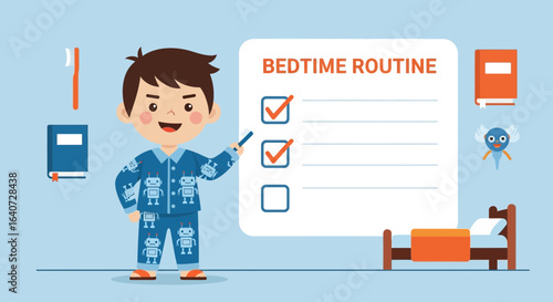Boy in pajamas presenting bedtime routine checklist with toothbrush and book icons