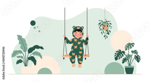 Boy In Pajamas Enjoying a Swing Indoors Surrounded By Potted Plants