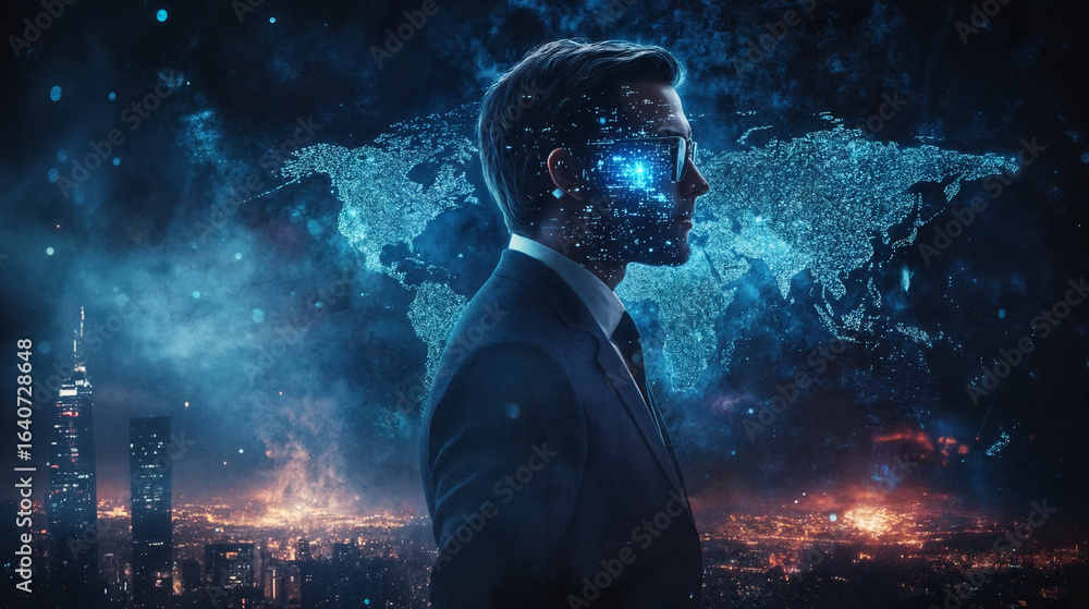 Fototapeta premium Ambitious globalism concept featuring a businessman silhouette against a digital world map, symbolizing future trends, connectivity, and international collaboration.