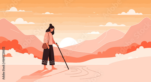 Artistic Expedition Journey With Mountains Landscape And Woman Creating Land Art