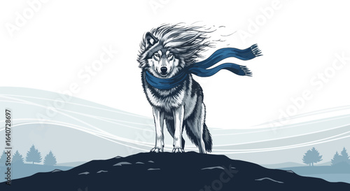 Artistic illustration of a wolf with a scarf on a hilltop windy landscape