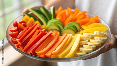 Fresh vegetable platter with colorful bell peppers carrots cucumber zucchini and tomatoes for healthy snacking