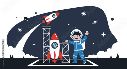 Astronaut Boy Launching Rocket Into Space Exploration Imagination Dream