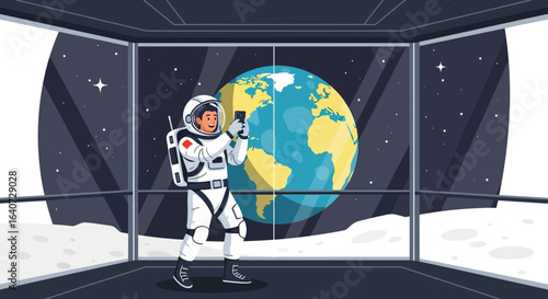Astronaut Capturing Earth From Lunar Base Through Large Window Panel