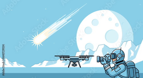 Astronaut capturing cosmic events with a drone in a minimalist lunar landscape illustration