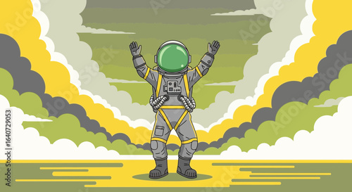 Astronaut Celebrates Successful Landing on an Exoplanet with Open Arms