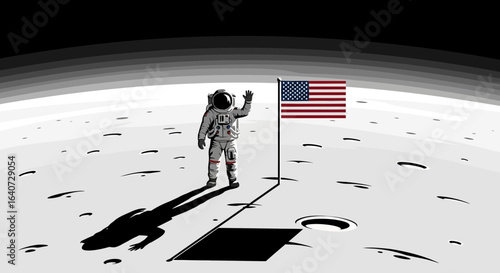 Astronaut Celebrating Mission Accomplishment On Lunar Surface With American Flag