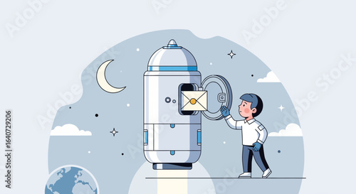 Astronaut delivers mail with rocket mailbox in outer space illustration