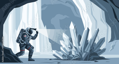 Astronaut Exploration In Crystalline Cave Discovering Geological Resources On Distant Planet