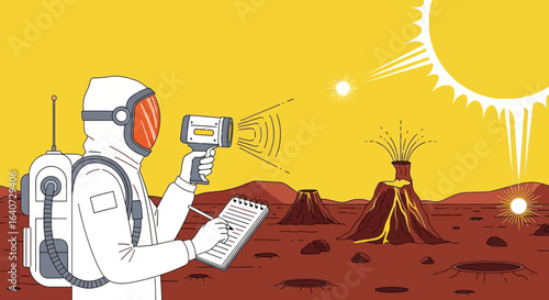 Astronaut Exploring Martian Surface Illustration Featuring Equipment and Volcanic Terrain Depiction