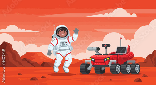 Astronaut Exploring The Red Planet With Rover Vehicle On Martian Landscape