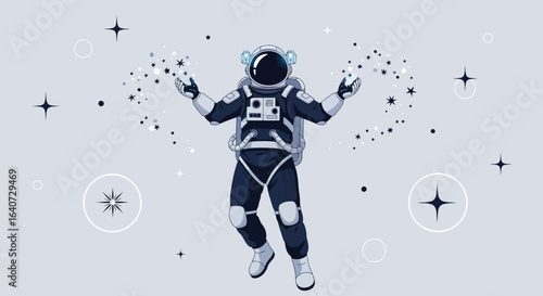 Astronaut Floating In Space Creating Stars With Magical Hand Gestures