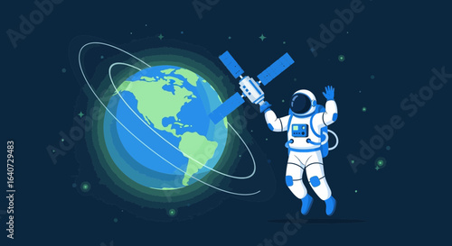 Astronaut Floating in Space Holding a Satellite Near Earth Illustration